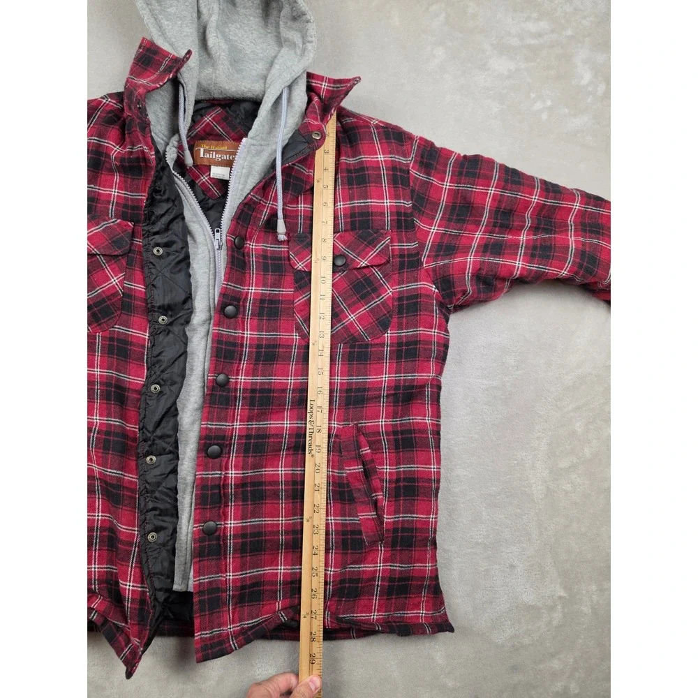 Haband Tailgater Flannel Jacket Mens L Red Plaid Quilted Lined Hooded Shacket